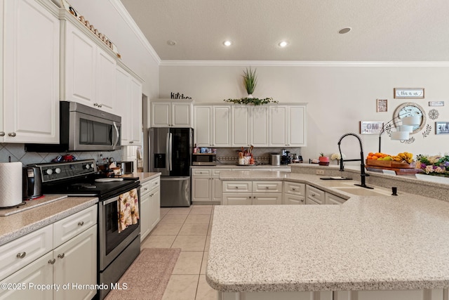 kitchen featuring decorative backsplash, ornamental molding, a sink, appliances with stainless steel finishes, and light tile patterned floors