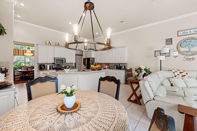 dining space featuring recessed lighting, ornamental molding, light tile patterned floors, and a notable chandelier