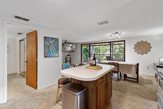 6373 E River Rd, Hernando, FL 34442 - kitchen featuring light countertops, a kitchen island, light colored carpet, and visible vents