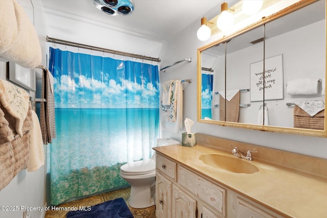 6373 E River Rd, Hernando, FL 34442 - bathroom featuring vanity, tile patterned floors, toilet, and curtained shower