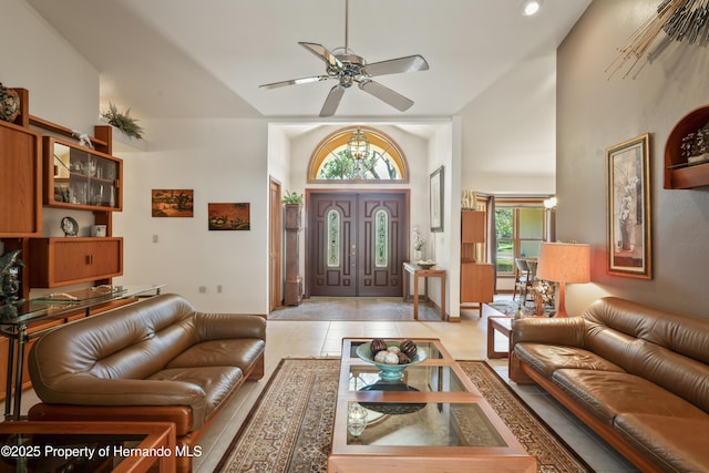 7353 Dogwood, Spring Hill, FL 34607 - foyer featuring light tile patterned flooring, recessed lighting, a ceiling fan, and high vaulted ceiling