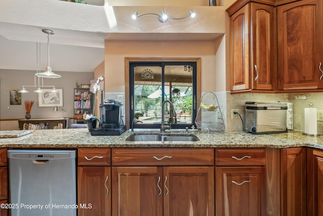 7353 Dogwood, Spring Hill, FL 34607 - kitchen featuring lofted ceiling, light stone countertops, a sink, and stainless steel dishwasher