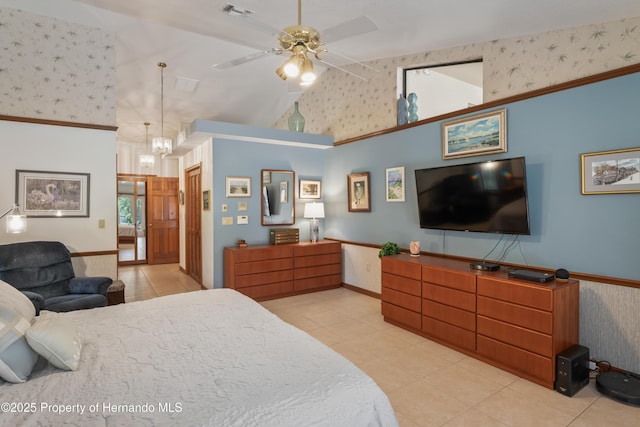 7353 Dogwood, Spring Hill, FL 34607 - tiled bedroom featuring a wainscoted wall, high vaulted ceiling, wallpapered walls, and visible vents