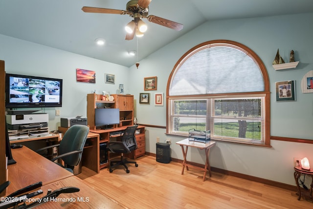 7353 Dogwood, Spring Hill, FL 34607 - office space with ceiling fan, lofted ceiling, baseboards, and light wood-style flooring