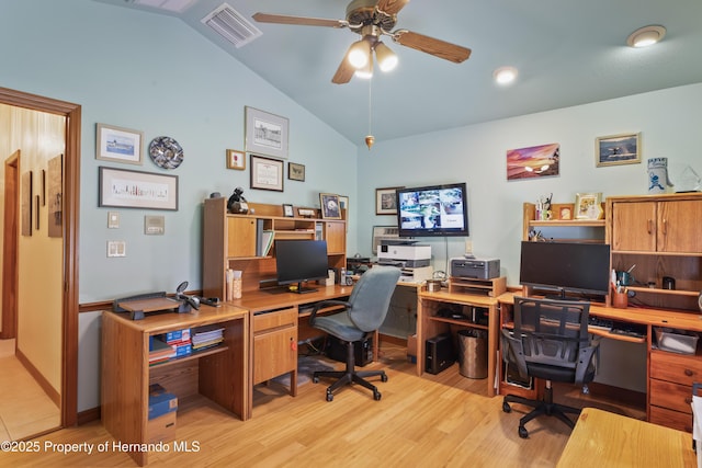 7353 Dogwood, Spring Hill, FL 34607 - home office with light wood-type flooring, lofted ceiling, a ceiling fan, and visible vents