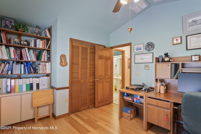 7353 Dogwood, Spring Hill, FL 34607 - home office featuring lofted ceiling, visible vents, light wood-type flooring, and a ceiling fan