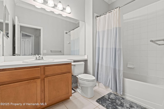 bathroom with tile patterned flooring, crown molding, vanity, toilet, and shower / bathtub combination with curtain