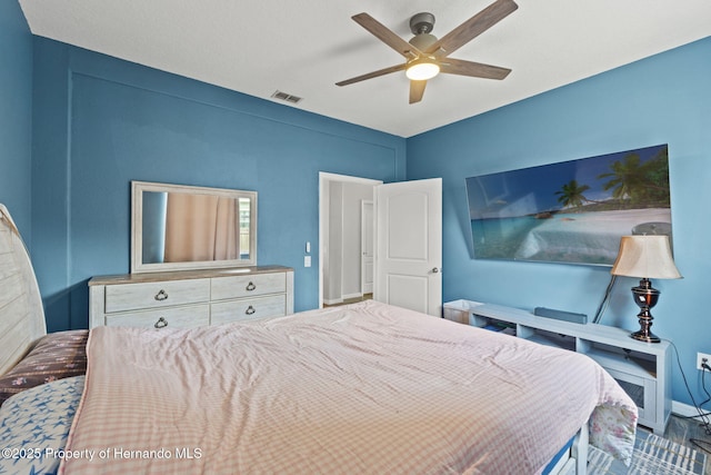 bedroom featuring a ceiling fan, baseboards, and visible vents