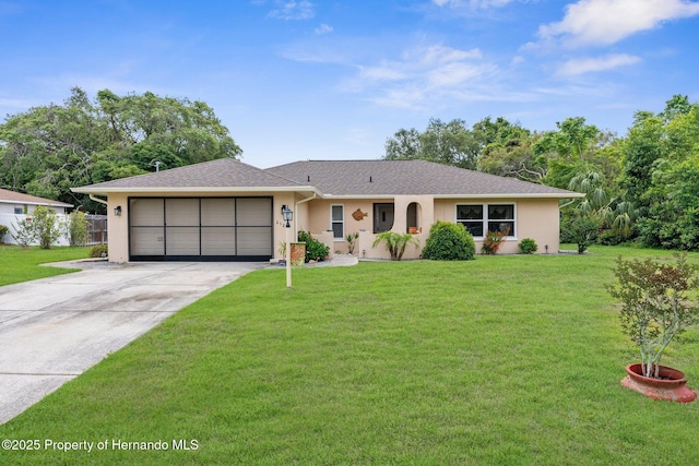 single story home featuring driveway, stucco siding, a garage, and a front yard