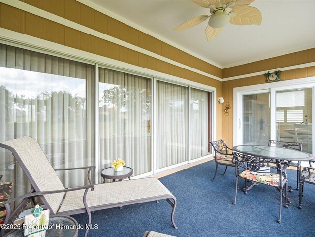18514 Hidden Pines Way, Hudson, FL 34667 - sunroom / solarium featuring a ceiling fan, carpet floors, and outdoor dining area