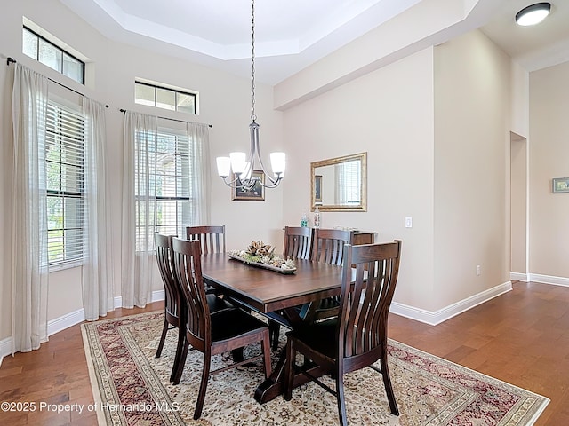 dining room with a high ceiling, a raised ceiling, a chandelier, wood finished floors, and plenty of natural light