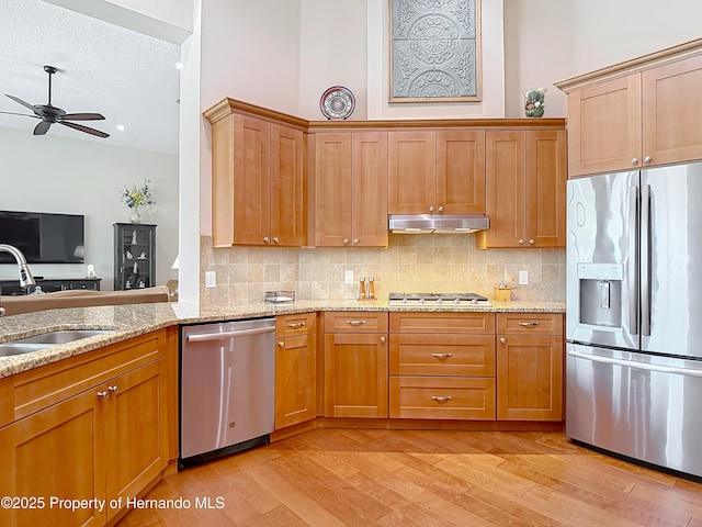 kitchen featuring stainless steel appliances, ceiling fan, light wood-style flooring, tasteful backsplash, and lofted ceiling