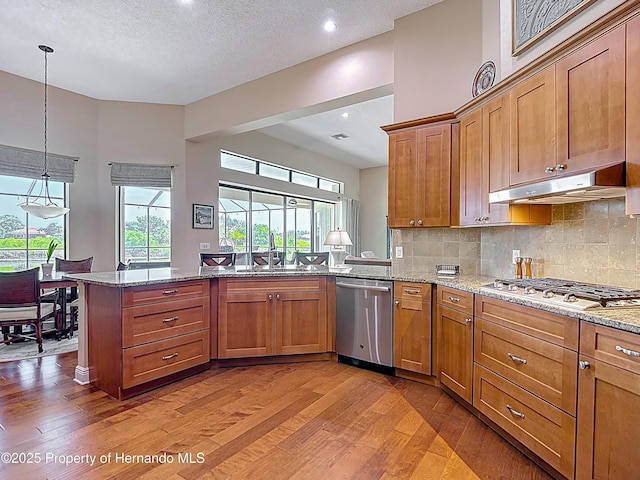kitchen with appliances with stainless steel finishes, under cabinet range hood, wood finished floors, a peninsula, and a textured ceiling