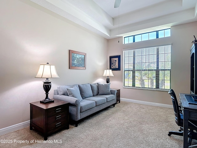 office with carpet floors, baseboards, a tray ceiling, and ceiling fan