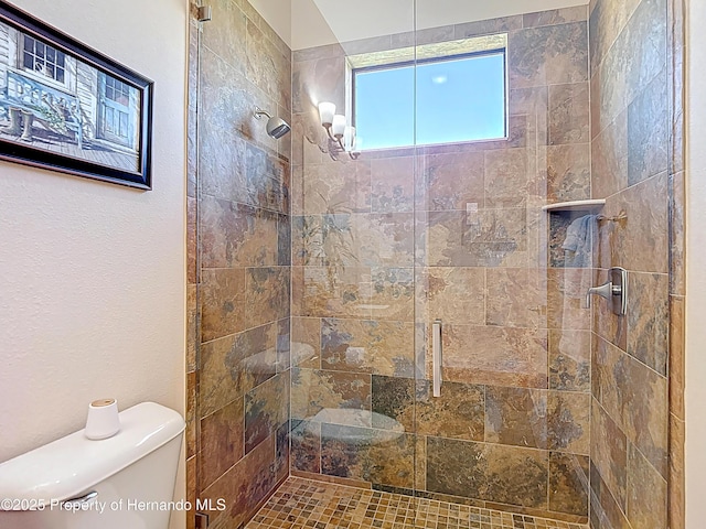 bathroom featuring toilet and a shower stall