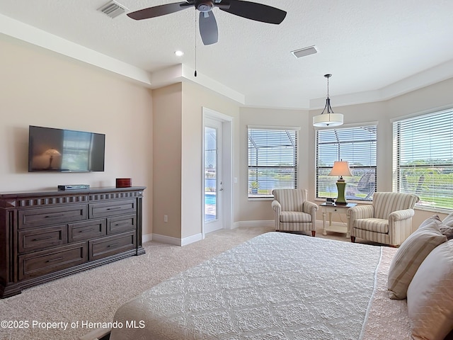 bedroom with a textured ceiling, light carpet, multiple windows, access to outside, and baseboards