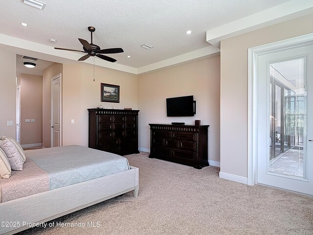 carpeted bedroom with baseboards, recessed lighting, a ceiling fan, a textured ceiling, and access to exterior