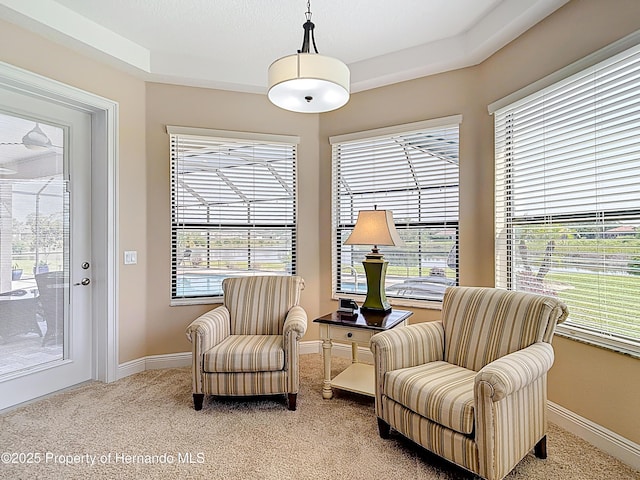 living area with baseboards and light carpet