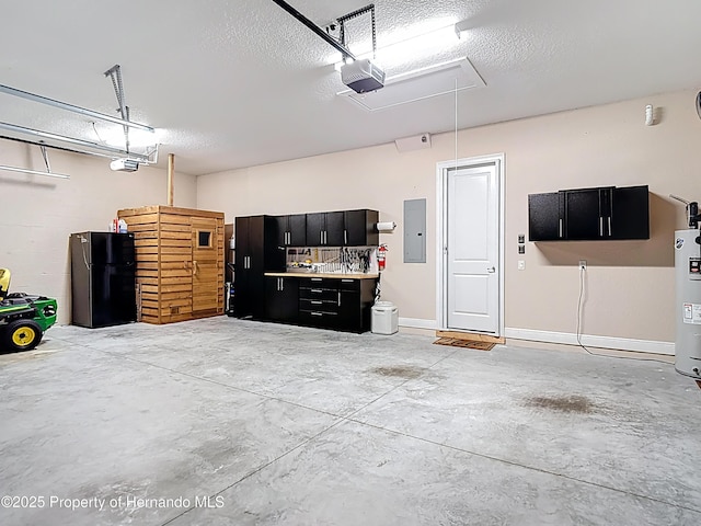 garage with freestanding refrigerator, a garage door opener, electric panel, and electric water heater