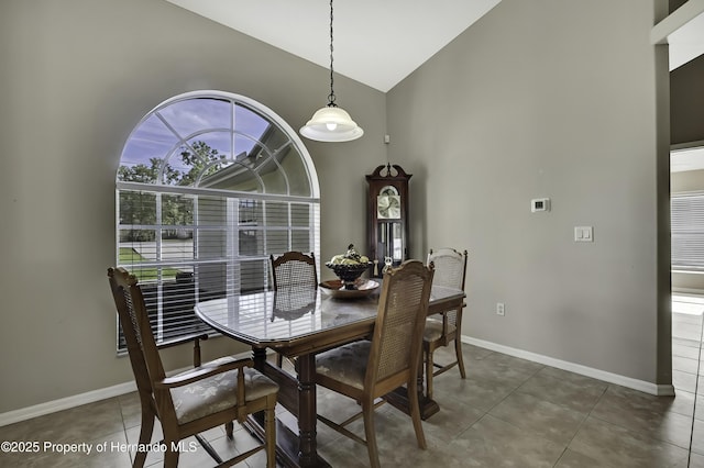 11336 Flower Ave, Weeki Wachee, FL 34613 - tiled dining room with baseboards and high vaulted ceiling