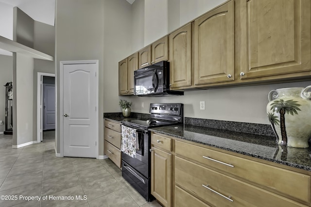 11336 Flower Ave, Weeki Wachee, FL 34613 - kitchen with light tile patterned floors, dark stone counters, baseboards, a towering ceiling, and black appliances
