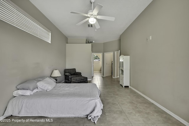 11336 Flower Ave, Weeki Wachee, FL 34613 - bedroom featuring a ceiling fan, baseboards, light tile patterned floors, and visible vents