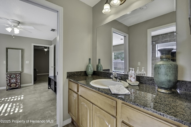 11336 Flower Ave, Weeki Wachee, FL 34613 - bathroom with a ceiling fan, baseboards, visible vents, tile patterned floors, and vanity