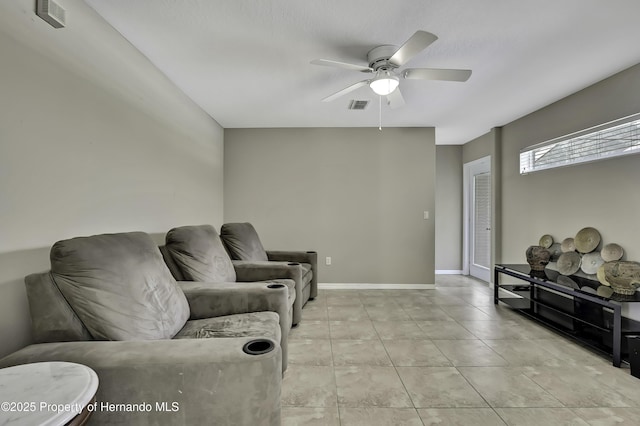 11336 Flower Ave, Weeki Wachee, FL 34613 - living area with light tile patterned floors, visible vents, baseboards, and ceiling fan