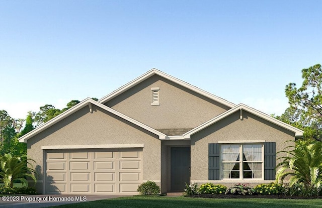 single story home with a garage, stucco siding, a front lawn, and driveway