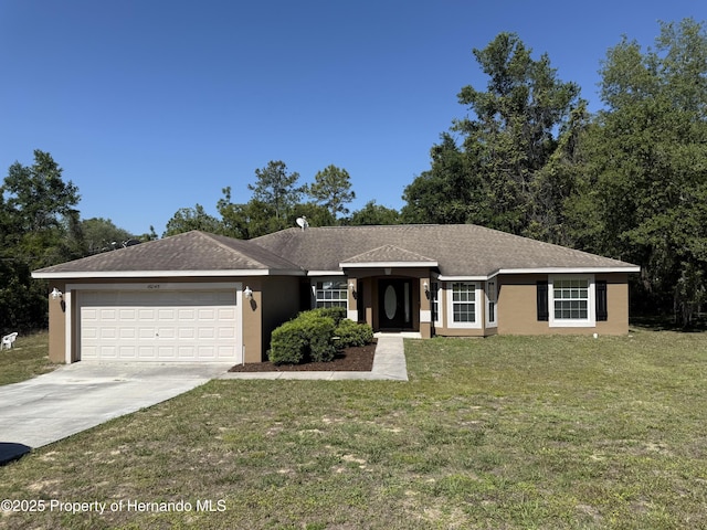 ranch-style home featuring a garage, concrete driveway, a front yard, and stucco siding