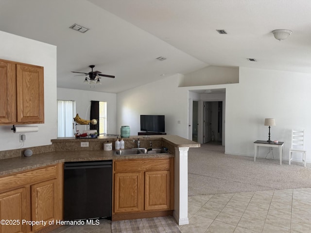 kitchen with black dishwasher, open floor plan, a peninsula, vaulted ceiling, and a sink