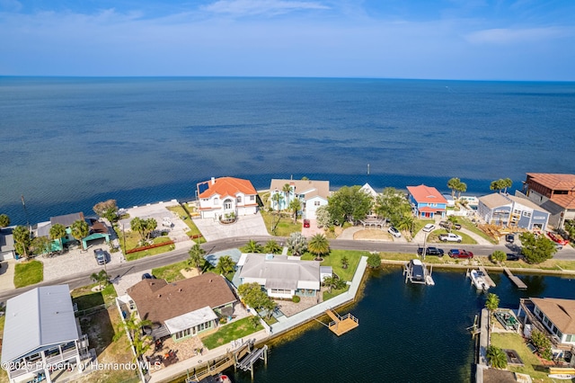 aerial view of residential area with a large body of water