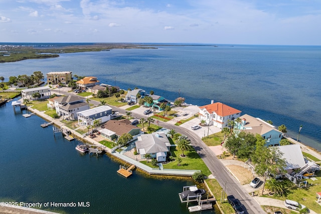 aerial perspective of suburban area with a large body of water