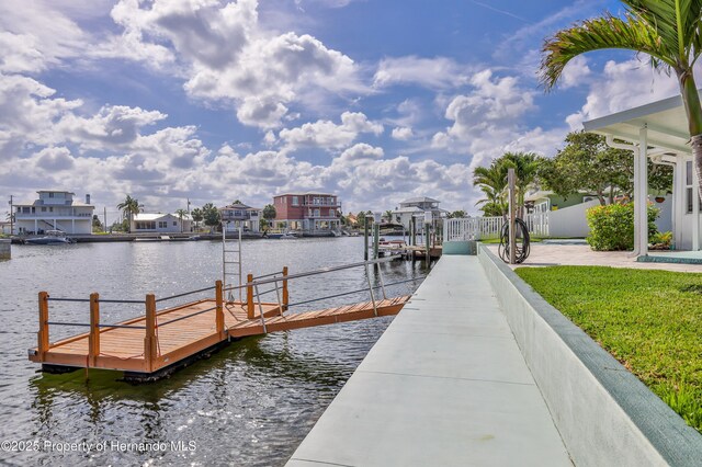 dock area featuring a water view and fence