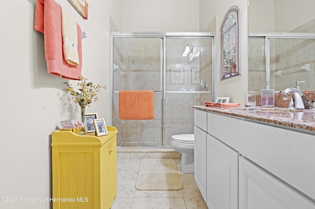 bathroom featuring a stall shower, vanity, and toilet