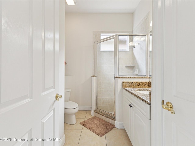 bathroom with toilet, a stall shower, vanity, and tile patterned floors