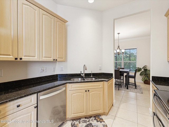 kitchen with dishwasher, a sink, light brown cabinetry, a chandelier, and dark stone countertops