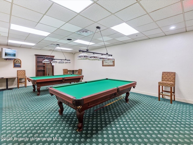 playroom featuring carpet, billiards table, baseboards, and a paneled ceiling