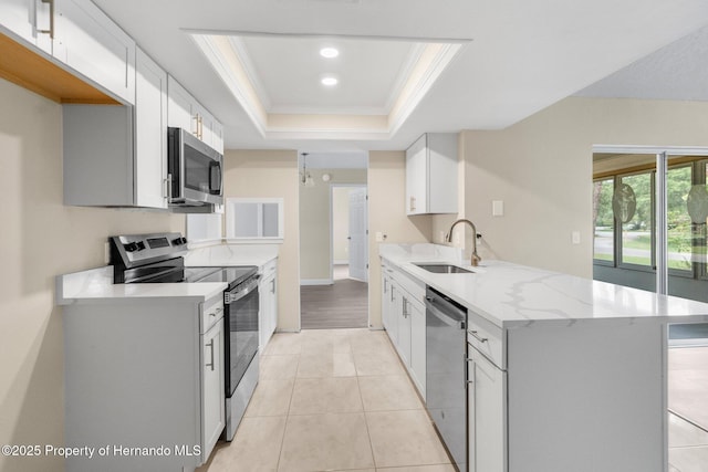 kitchen featuring appliances with stainless steel finishes, a sink, a tray ceiling, ornamental molding, and a peninsula