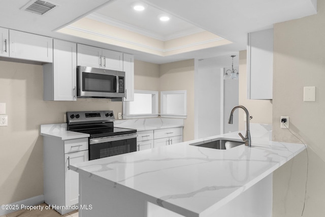 kitchen with appliances with stainless steel finishes, a sink, a raised ceiling, a peninsula, and crown molding