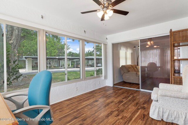 sunroom with ceiling fan and wood finished floors