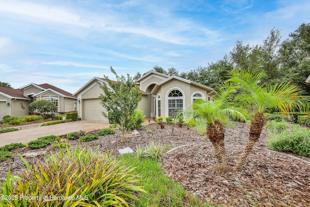 11750 Teapot Ct, Spring Hill, FL 34609 - view of front of home featuring stucco siding, a garage, and concrete driveway