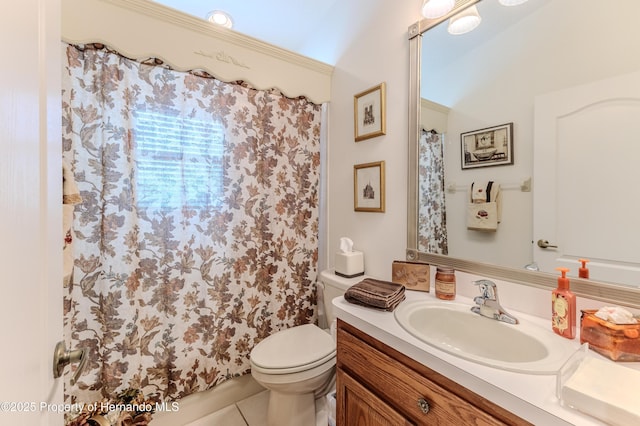11750 Teapot Ct, Spring Hill, FL 34609 - full bath with toilet, vanity, tile patterned floors, and a shower with shower curtain