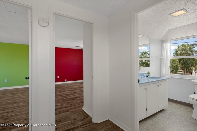 hallway with a textured ceiling, baseboards, lofted ceiling, light wood-type flooring, and a sink