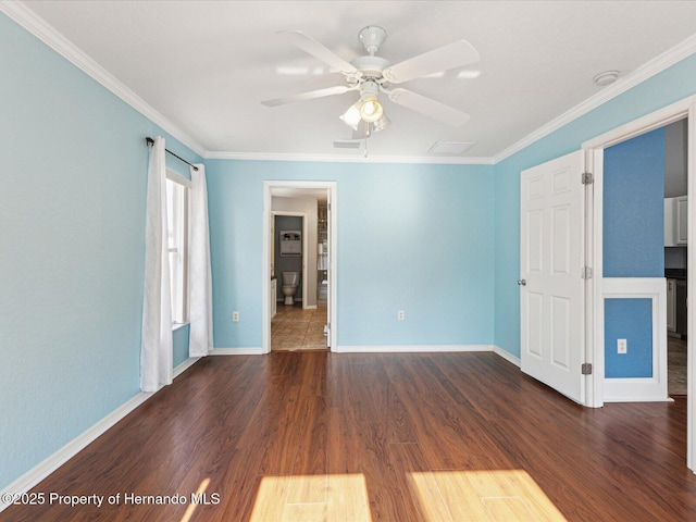 6076 Shiprock Ave, Spring Hill, FL 34608 - unfurnished bedroom featuring wood finished floors, crown molding, baseboards, ceiling fan, and ensuite bath