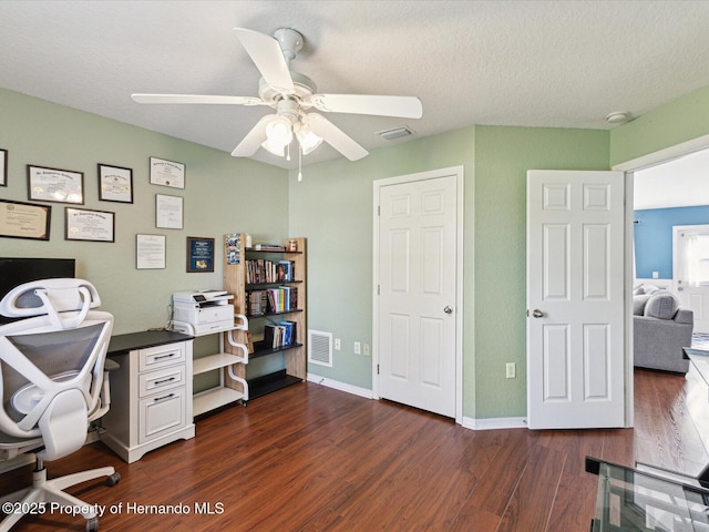 6076 Shiprock Ave, Spring Hill, FL 34608 - home office with dark wood-type flooring, a ceiling fan, baseboards, and a textured ceiling