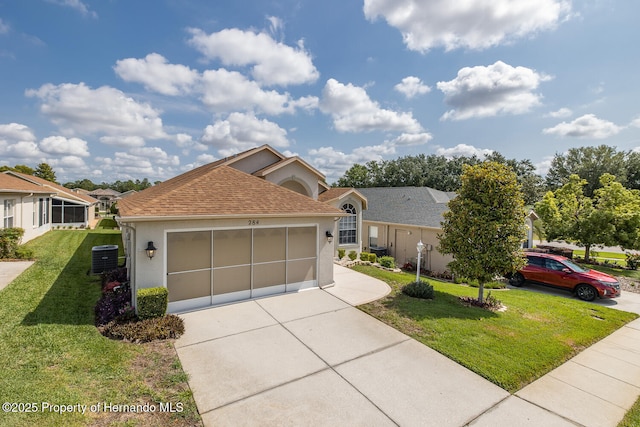 284 Quane Ave, Spring Hill, FL 34609 - single story home with stucco siding, concrete driveway, a front yard, a garage, and a shingled roof
