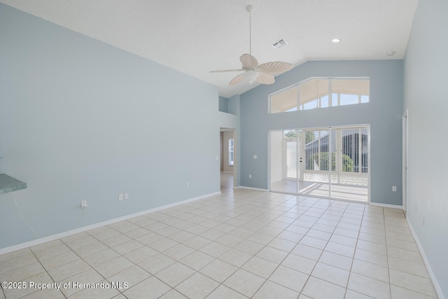 284 Quane Ave, Spring Hill, FL 34609 - unfurnished room featuring ceiling fan, high vaulted ceiling, light tile patterned flooring, and baseboards