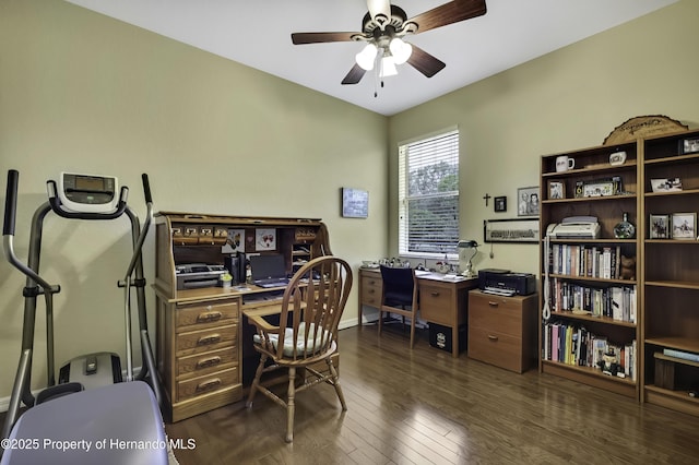 home office with ceiling fan, dark wood-type flooring, and baseboards
