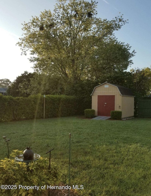 view of yard with a storage shed, an outbuilding, and a detached garage